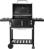 Barbecue à Charbon Extérieur avec Double Grille, Thermomètre, Étagères Latérales, Roues, Grille en Acier Émaillé 112 × 66 × 125 cm
