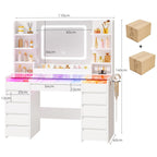 Coiffeuse EFST57W avec miroir LED RGB plateau en verre 11 tiroirs 6 étagères et prises USB 105 x 40 x 140 cm blanc
