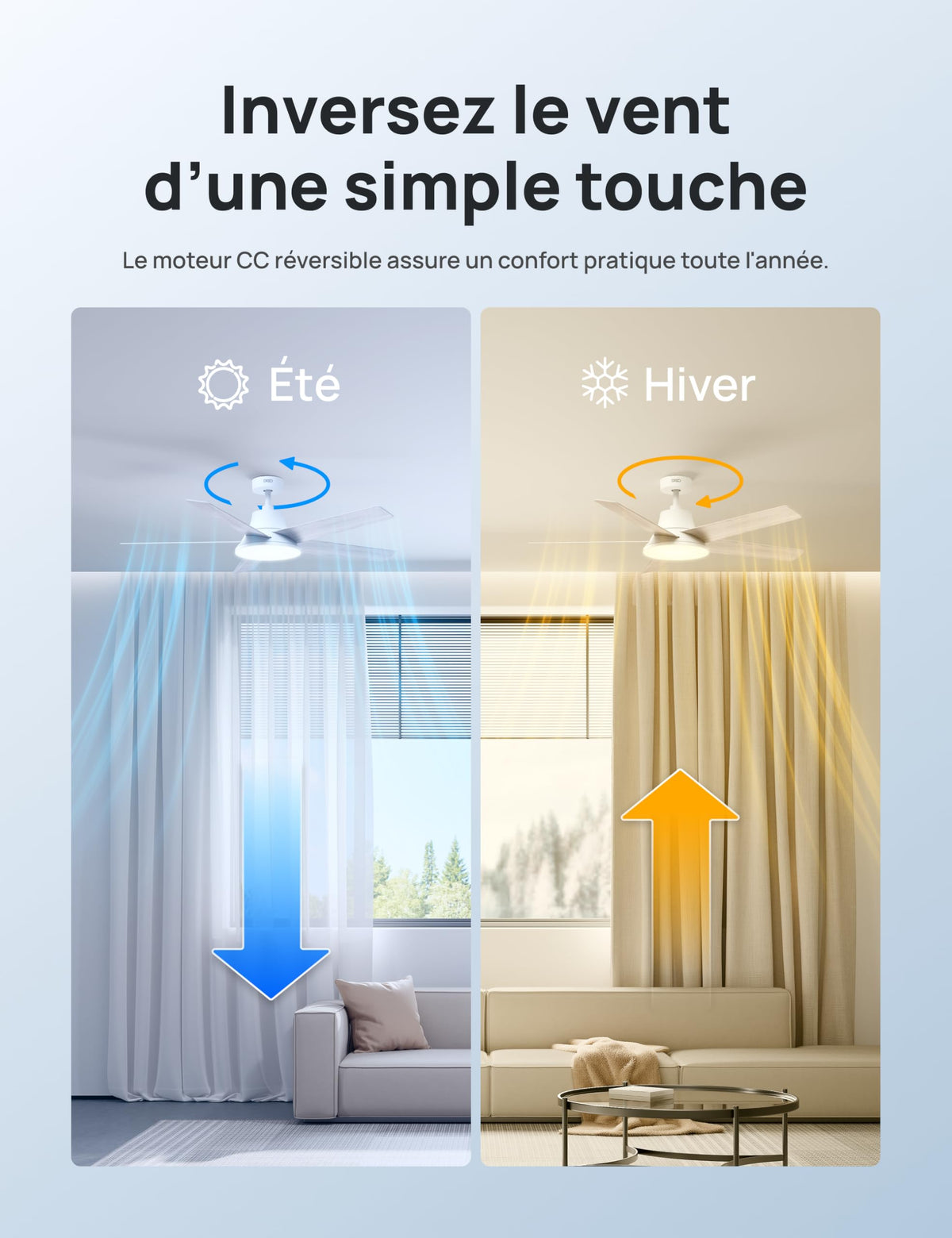 Ventilateur de plafond intelligent LED blanc 132 cm moteur DC silencieux 12 vitesses télécommande application DR-HCF001S