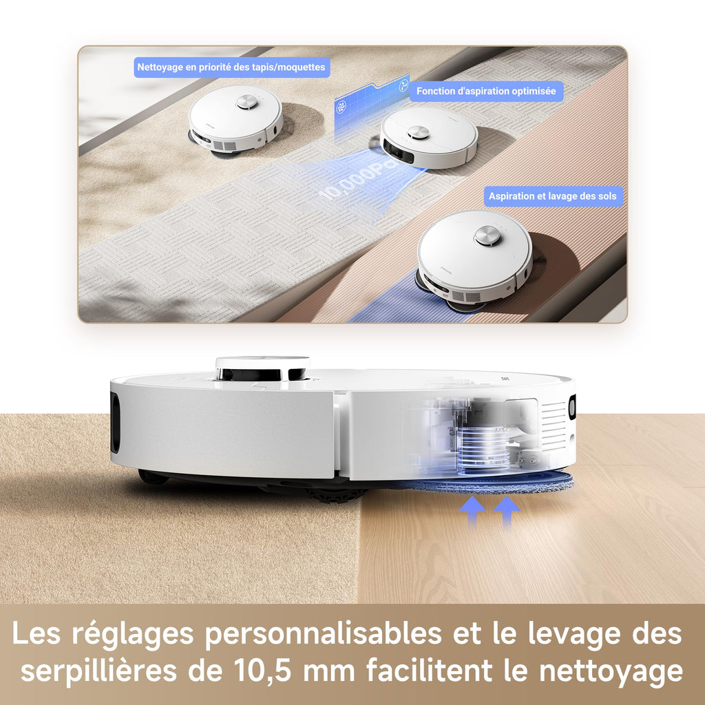 Robot aspirateur laveur L10s Ultra Gen 2 aspiration 10000 Pa station automatique MopExtend RoboSwing réglage eau 32 niveaux