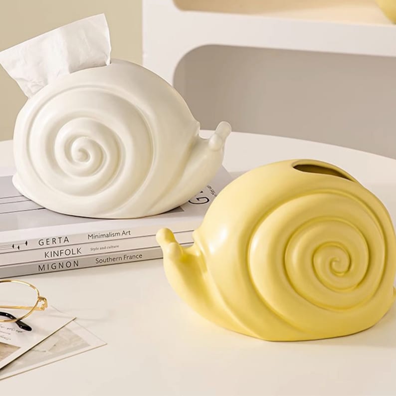 Boîte à mouchoirs en céramique escargot jaune blanc argent 13x21x14 cm