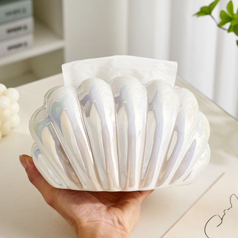 Boîte à mouchoirs en céramique forme coquille à clapet argenté, distributeur de serviettes, organisateur de mouchoirs