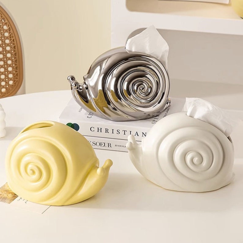 Boîte à mouchoirs en céramique escargot jaune blanc argent 13x21x14 cm
