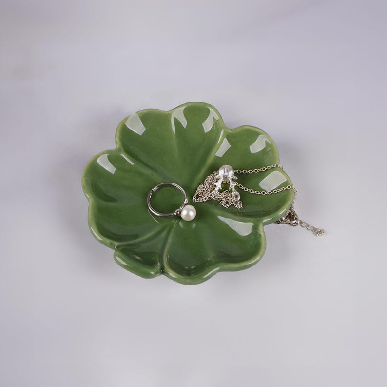 Vide-poches trèfle à 4 feuilles en céramique verte - Organiseur de bijoux porte-bonheur