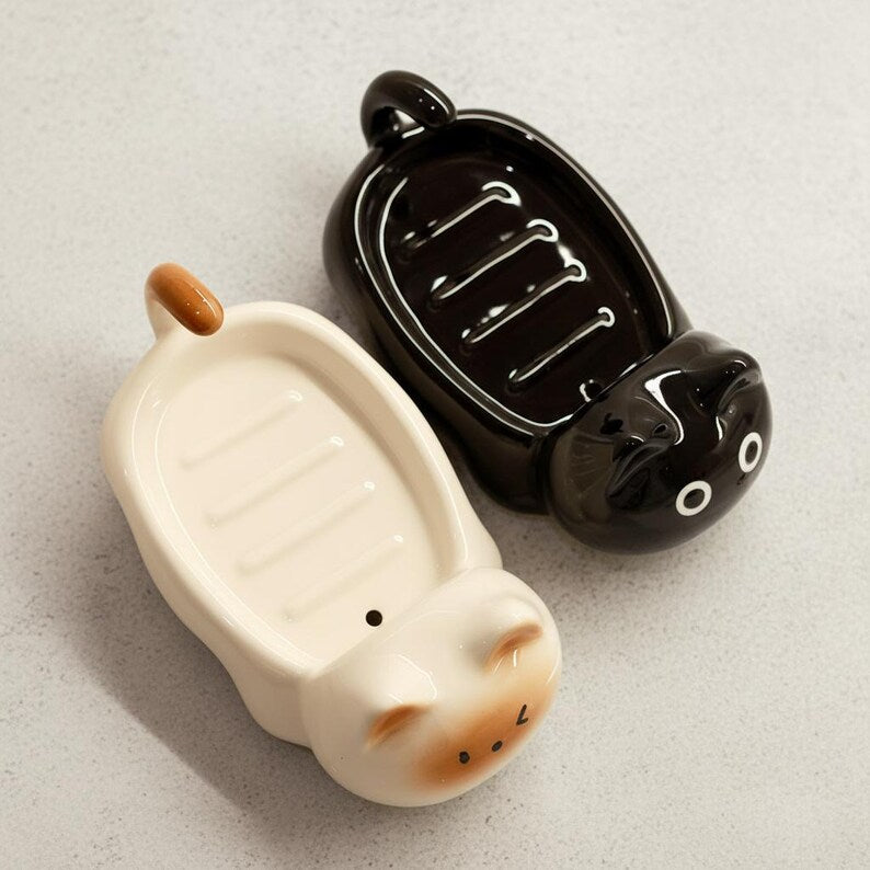 Porte-savon chat en céramique, drainant, pour salle de bain et cuisine, noir ou blanc