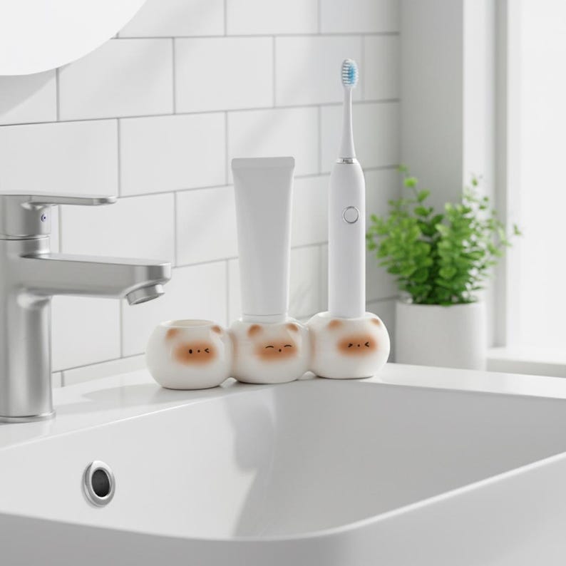 Porte-brosse à dents pour chat en céramique blanche, organisateur de salle de bain kawaii, support pour brosse à dents électrique