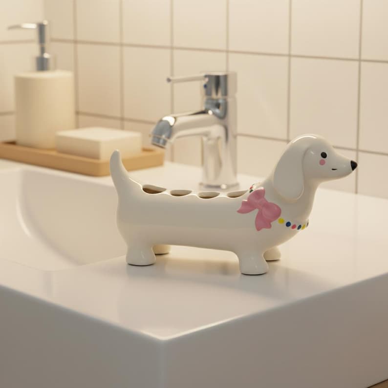 Porte-brosse à dents teckel en céramique, organisateur de salle de bain pour chien saucisse, décoration de vanité