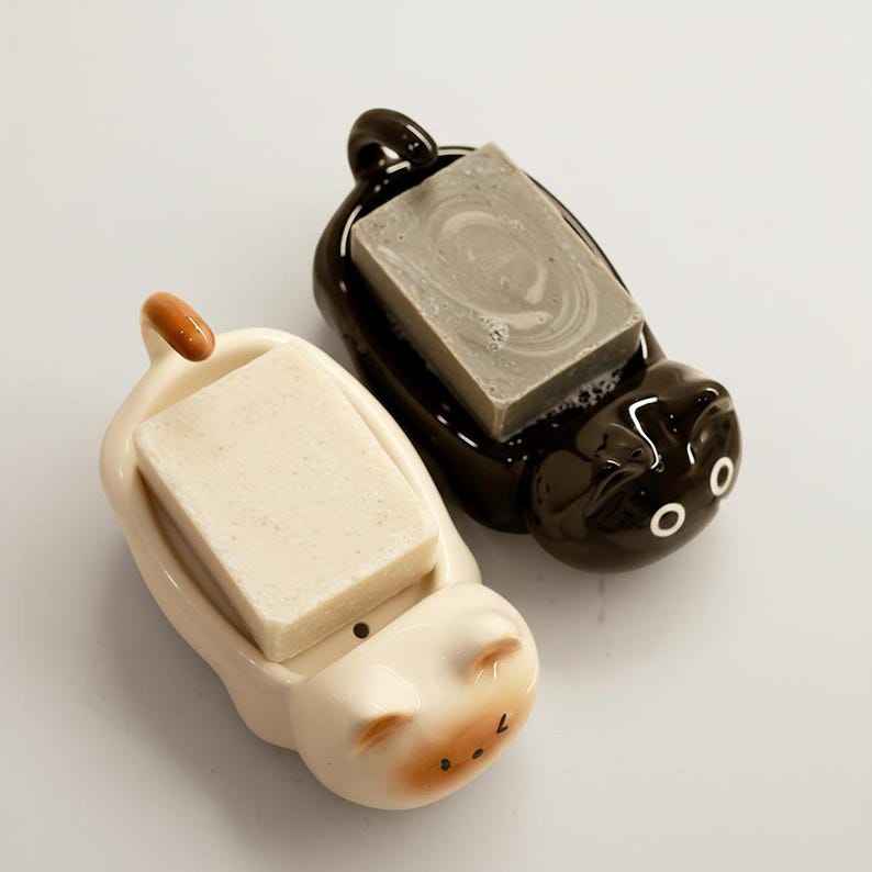 Porte-savon chat en céramique, drainant, pour salle de bain et cuisine, noir ou blanc