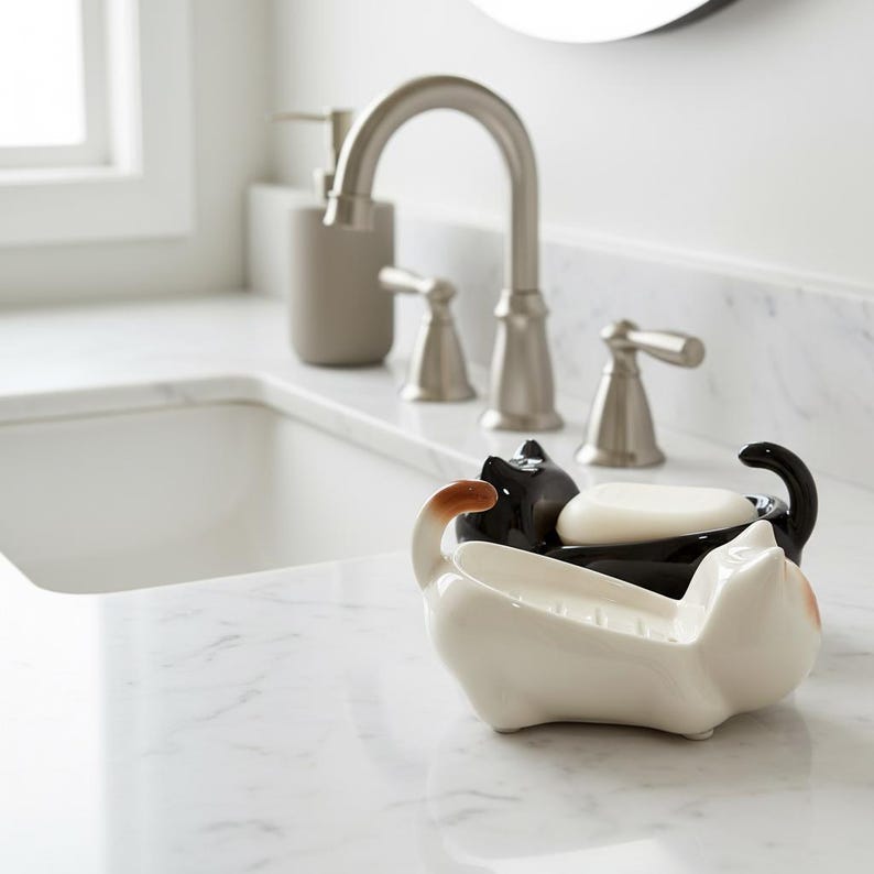 Porte-savon chat en céramique, drainant, pour salle de bain et cuisine, noir ou blanc