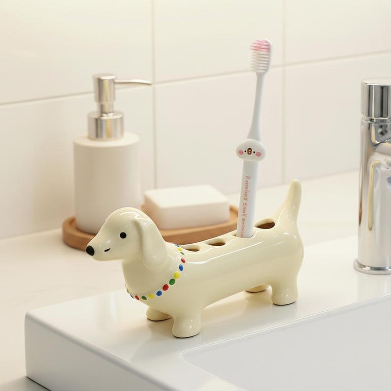 Porte-brosse à dents teckel en céramique, organisateur de salle de bain pour chien saucisse, décoration de vanité