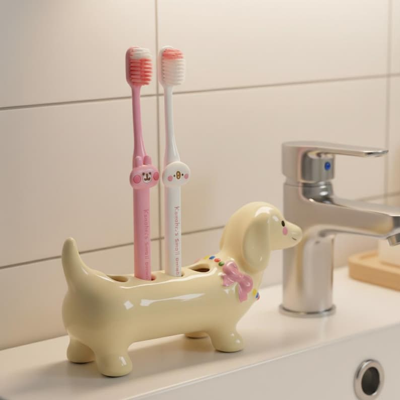 Porte-brosse à dents teckel en céramique, organisateur de salle de bain pour chien saucisse, décoration de vanité