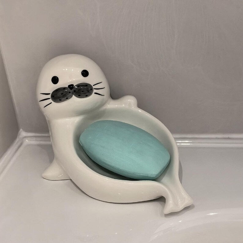 Porte-savon en céramique autodrainant, motif phoque