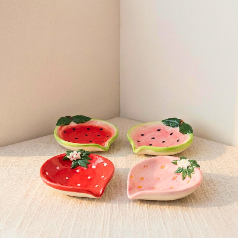 Plateau en céramique forme fruit - Vide-poches fraise pastèque, porte-savon artisanal