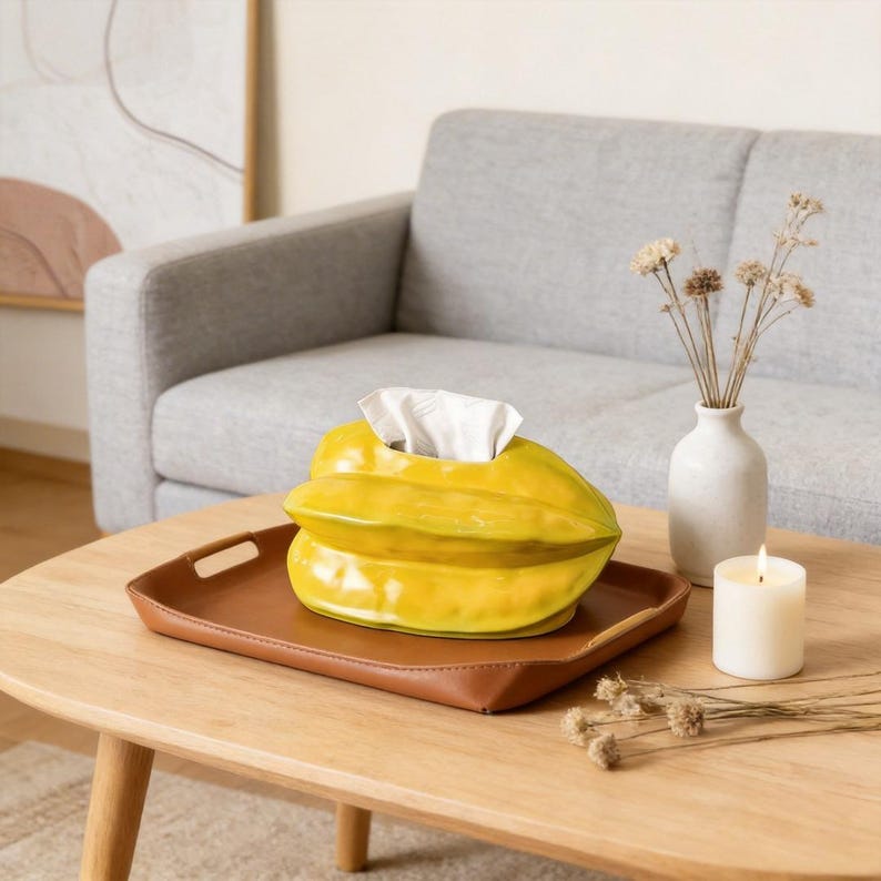 Boîte à mouchoirs en céramique forme carambole jaune brillant