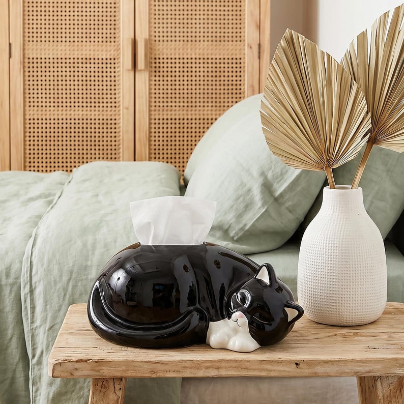 Boîte à mouchoirs en céramique forme de chat endormi pour distributeur de serviettes et rangement
