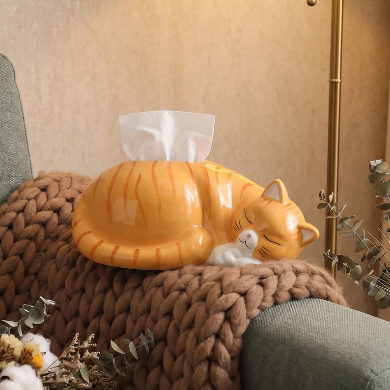 Boîte à mouchoirs en céramique forme de chat endormi pour distributeur de serviettes et rangement