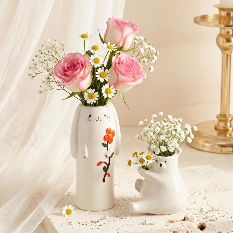 Vases bourgeons en céramique animaux | Vases en poterie faits main pour fleurs | Décoration d'intérieur