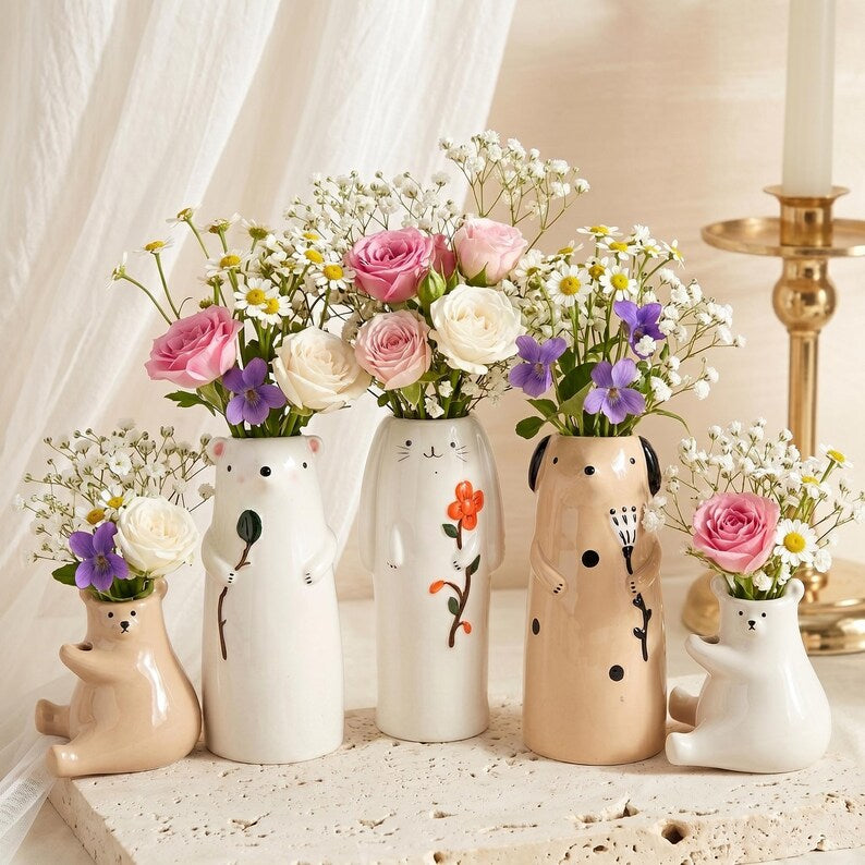 Vases bourgeons en céramique animaux | Vases en poterie faits main pour fleurs | Décoration d'intérieur