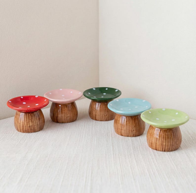 Plateau à bijoux champignon en céramique, porte-bague rouge et brun, décoration de vanité cottagecore