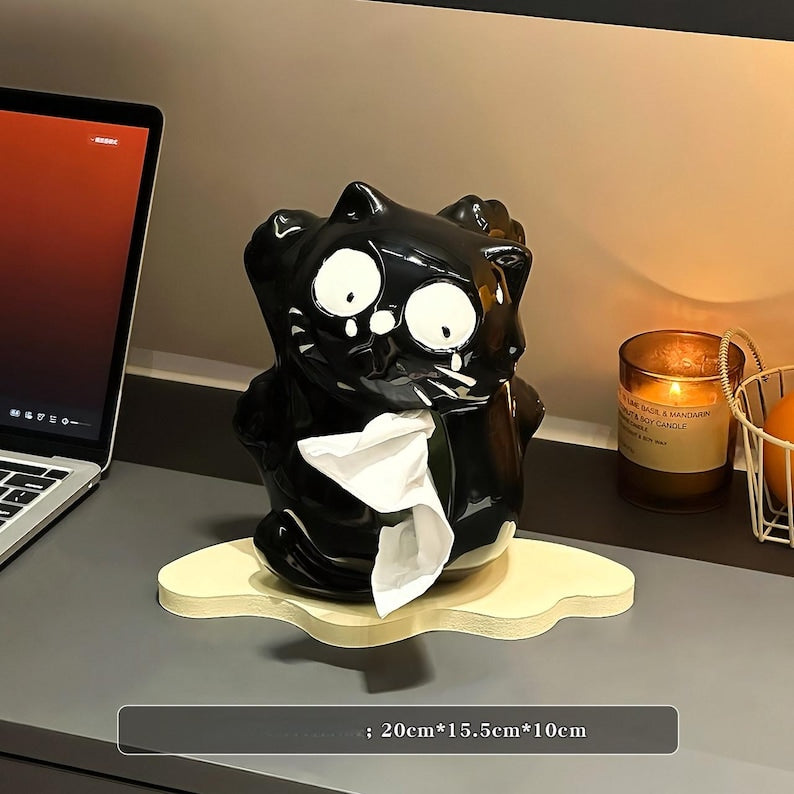 Chat en céramique Porte-mouchoirs, Boîte de mouchoirs en forme d'animal Kawaii, Décoration de bureau