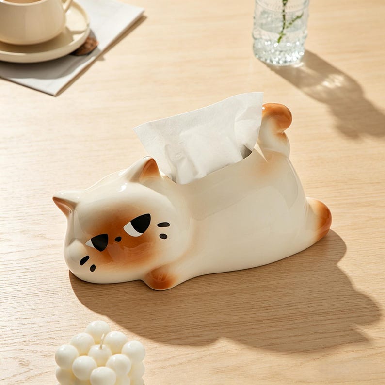 Porte-boîte à mouchoirs chat paresseux céramique kawaii, distributeur de serviettes décoration bureau maison