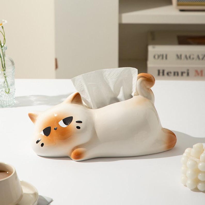 Porte-boîte à mouchoirs chat paresseux céramique kawaii, distributeur de serviettes décoration bureau maison