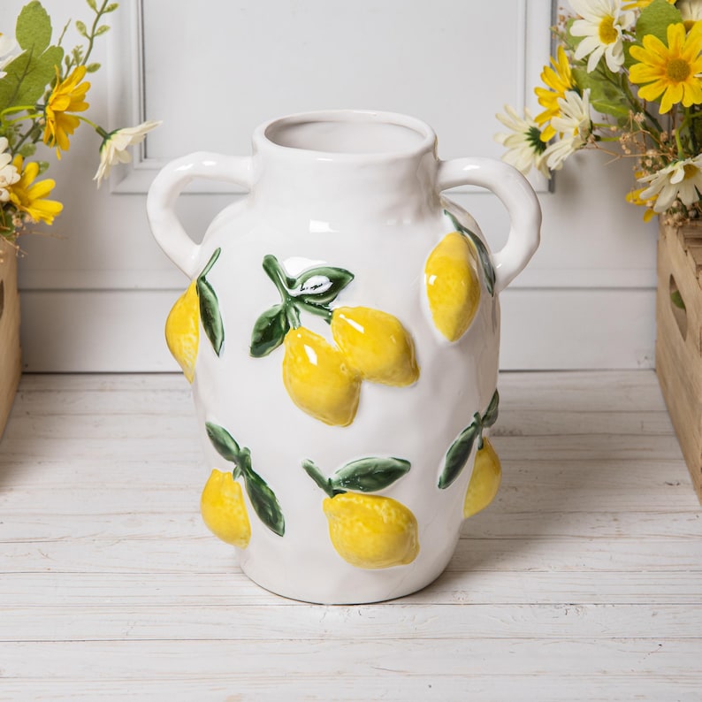 Vase citron en céramique émaillée à motif de fruits en relief, vase décoratif avec anse