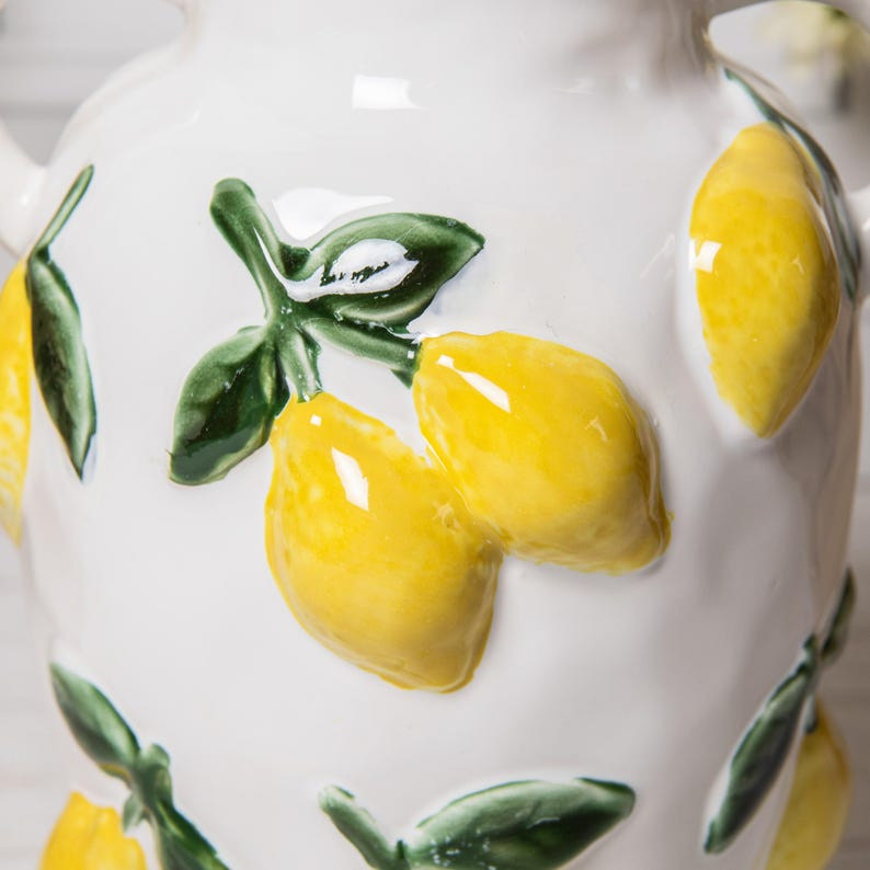 Vase citron en céramique émaillée à motif de fruits en relief, vase décoratif avec anse