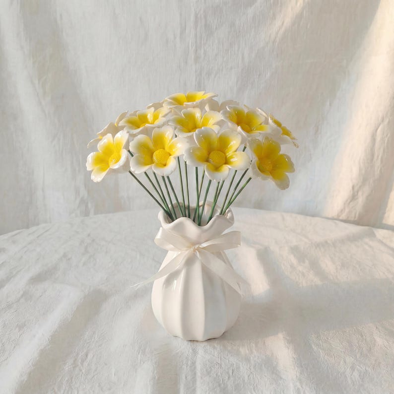 Tige de fleur de plumeria en céramique émaillée, décoration florale éternelle, remplissage de vase esthétique, bleu ciel/rose poudré/jaune beurre