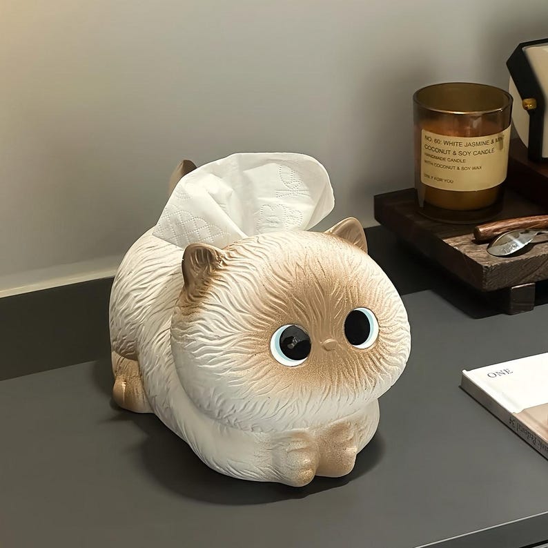 Chat en céramique Porte-mouchoirs, Boîte de mouchoirs en forme d'animal Kawaii, Décoration de bureau
