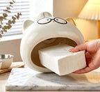 Porte-mouchoirs en céramique chat kawaii avec lunettes, blanc pastel