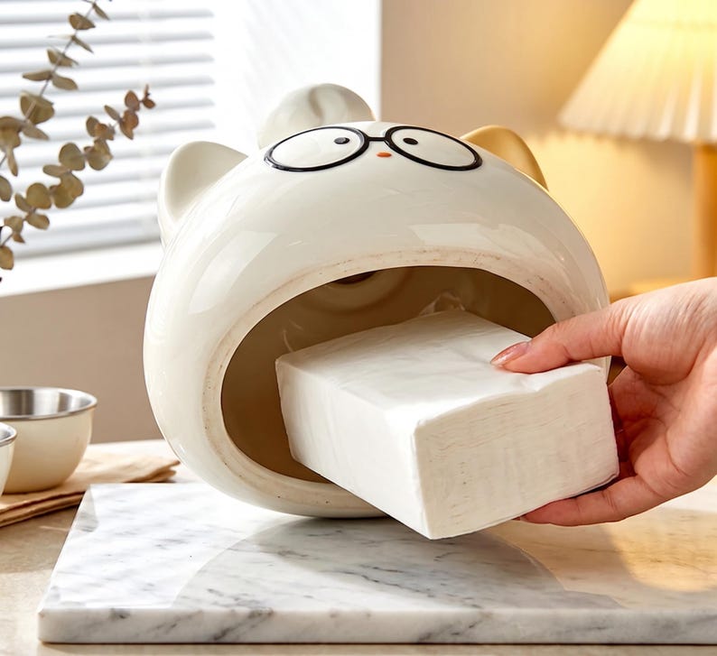 Porte-mouchoirs en céramique chat kawaii avec lunettes, blanc pastel