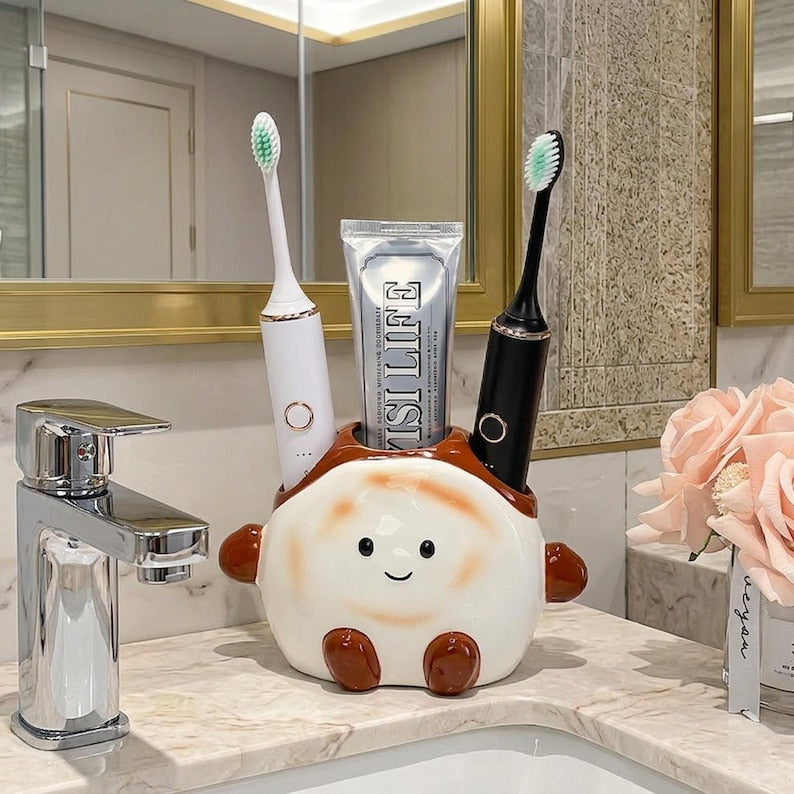 Porte-brosse à dents en céramique pour toast - Organisateur de salle de bain pour 2 brosses à dents et dentifrice