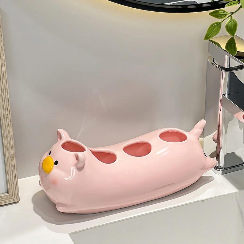 Porte-brosse à dents en céramique cochon : organiseur de vanité salle de bain 4 compartiments