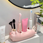 Porte-brosse à dents en céramique cochon : organiseur de vanité salle de bain 4 compartiments