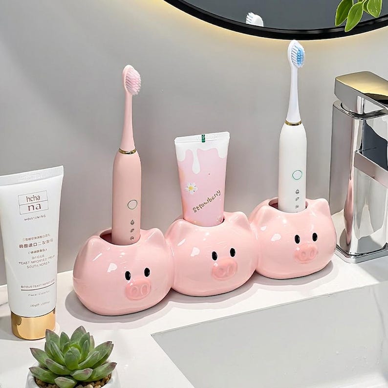 Porte-brosse à dents en céramique rose en forme de cochon - Organiseur de salle de bain avec 1, 2 ou 3 trous