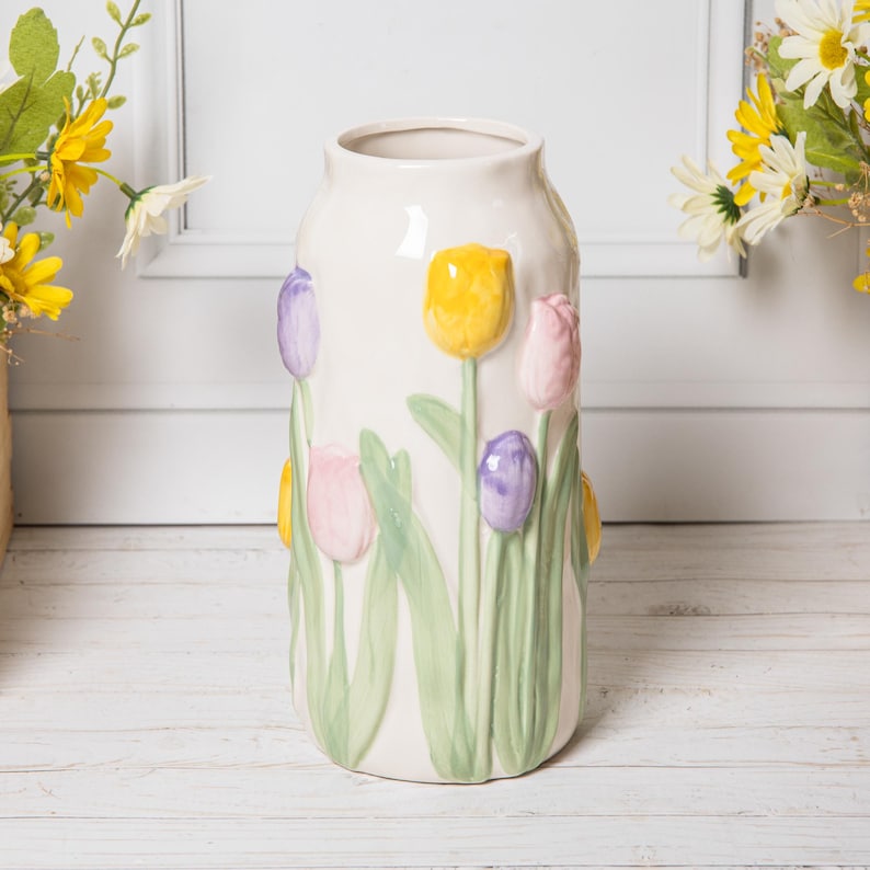 Tulip Embossed Ceramic Vase Glazed Floral Home Decor 21 cm