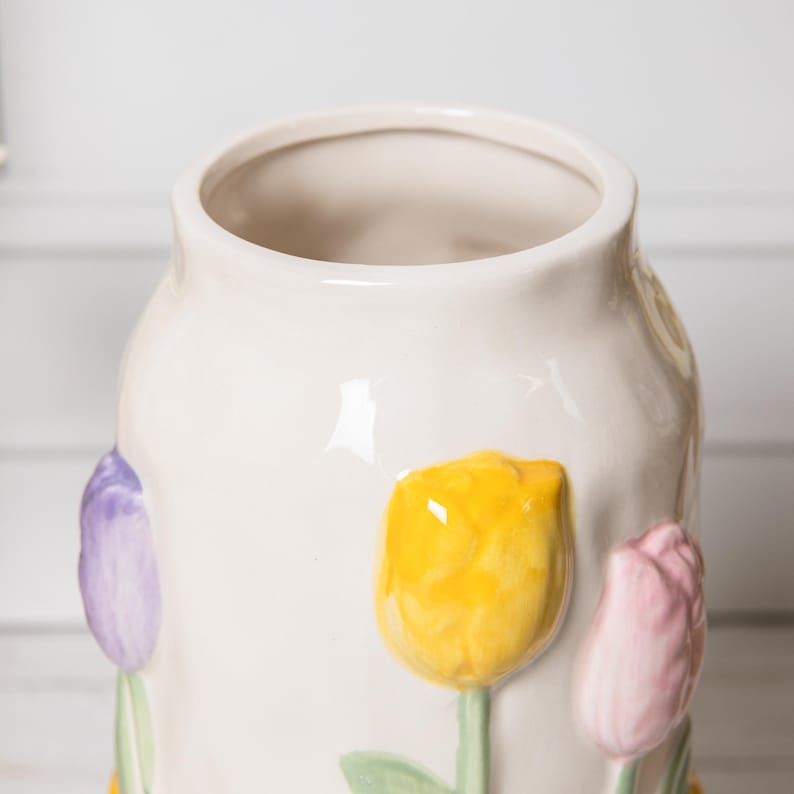 Tulip Embossed Ceramic Vase Glazed Floral Home Decor 21 cm