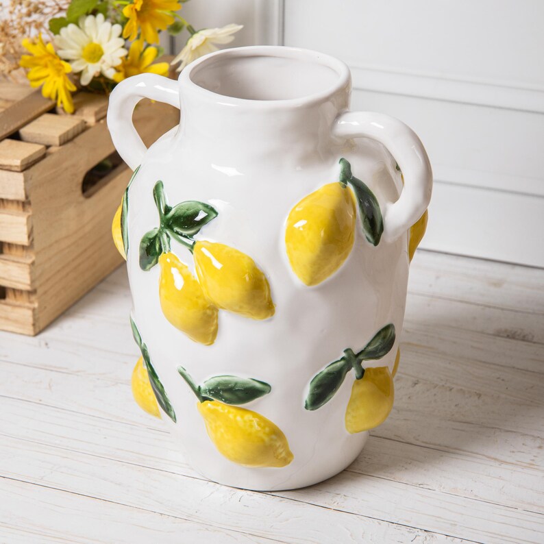 Vase citron en céramique émaillée à motif de fruits en relief, vase décoratif avec anse