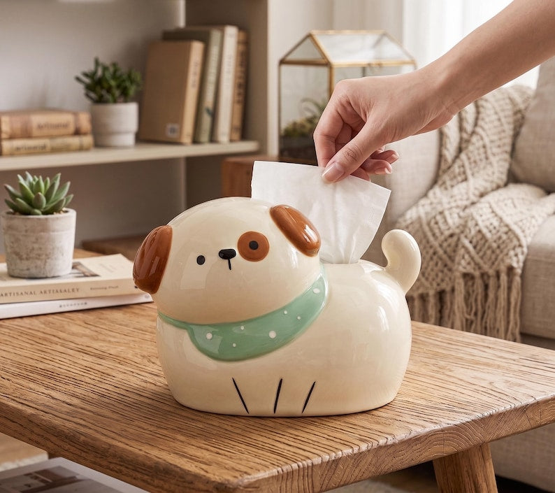 Distributeur de mouchoirs en céramique en forme de chien | Accessoire de décoration kawaii pour salon, bureau