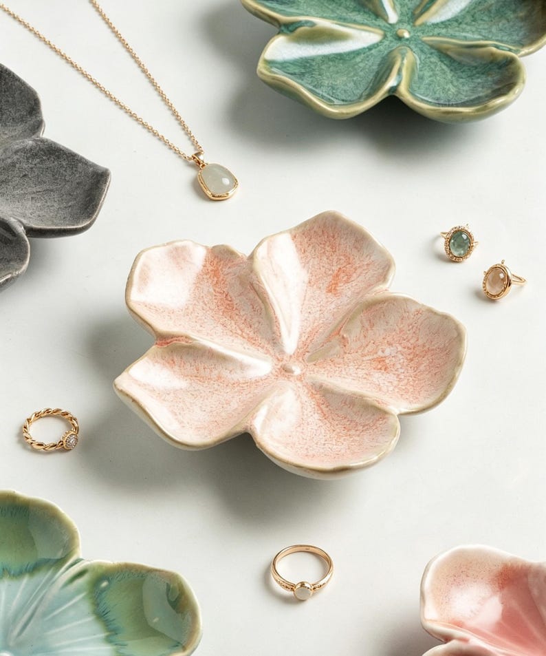 Porte-bijoux fleur en céramique, plateau porte-bagues, organisateur de bijoux floral