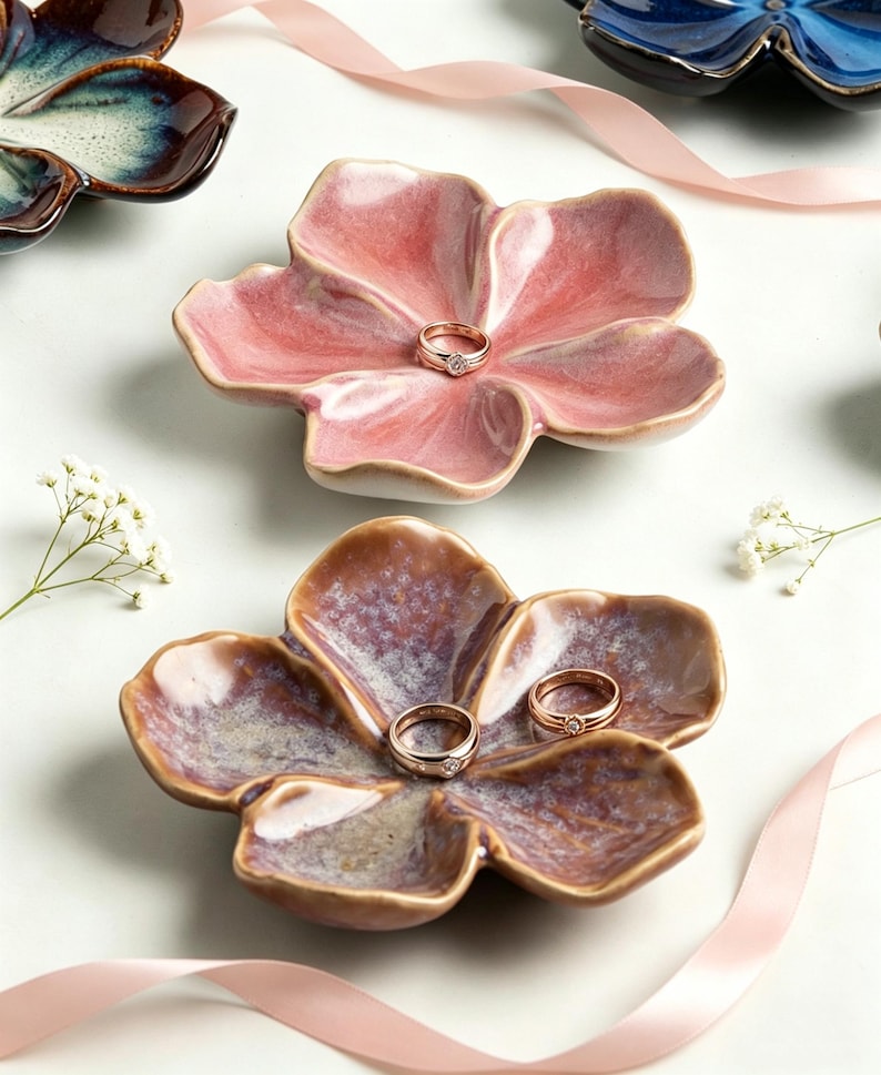 Porte-bijoux fleur en céramique, plateau porte-bagues, organisateur de bijoux floral