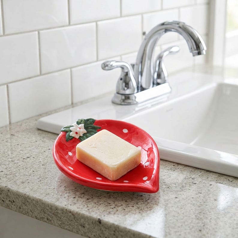 Porte-savon en céramique fraise, support kawaii baies, organisateur salle de bain fruit, décoration