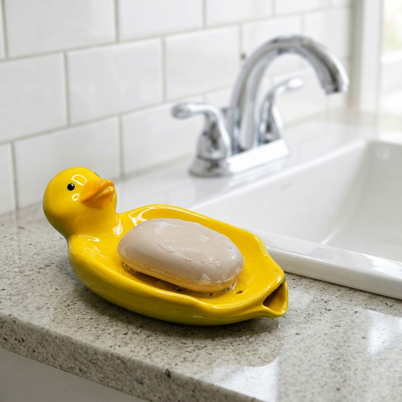 Porte-savon canard en céramique jaune, décoration kawaii salle de bain, organisateur d'évier