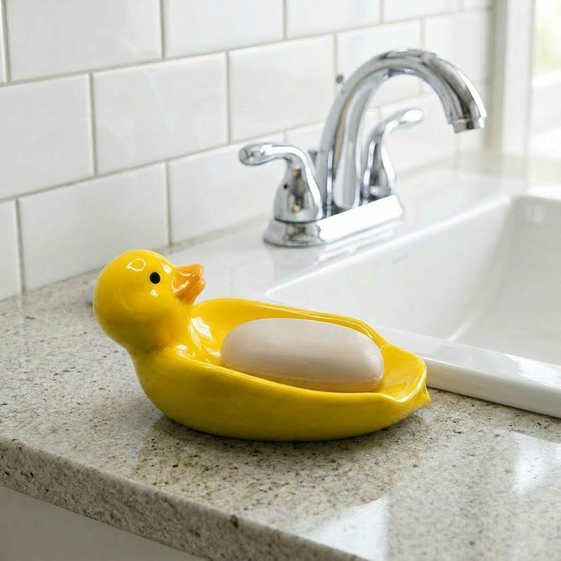Porte-savon canard en céramique jaune, décoration kawaii salle de bain, organisateur d'évier