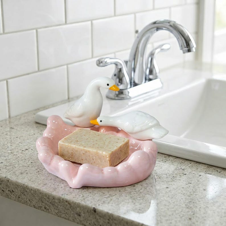 Porte-savon canard en céramique, décoration salle de bain kawaii, organisateur évier