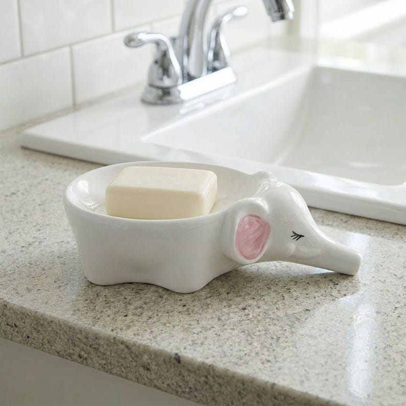 Éléphant Porte-savon en Céramique Blanc Mignon, Décoration Salle de Bain Kawaii