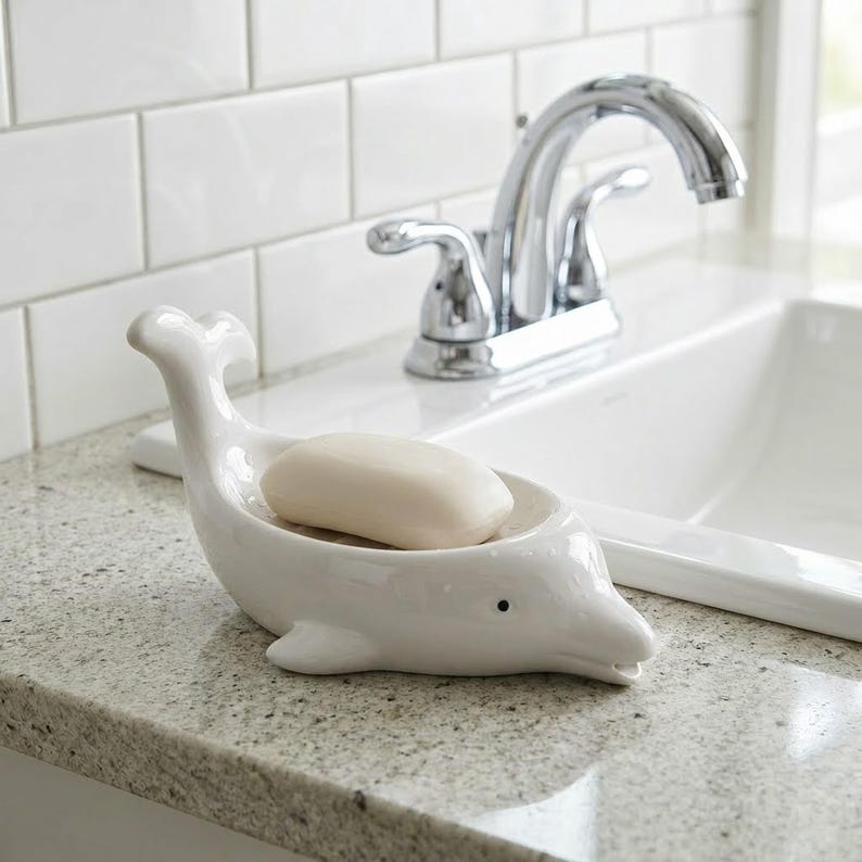 Porte-savon dauphin en céramique blanche, décoration salle de bain kawaii