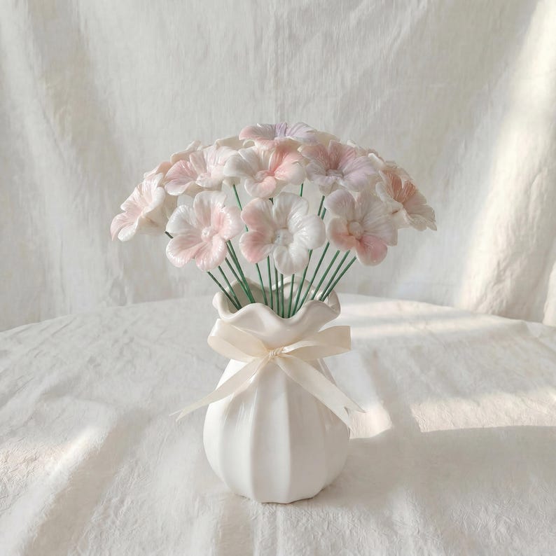 Tige de fleur en céramique émaillée à la main, pensée à cinq pétales, décoration florale pour vase, 25 cm, plusieurs couleurs
