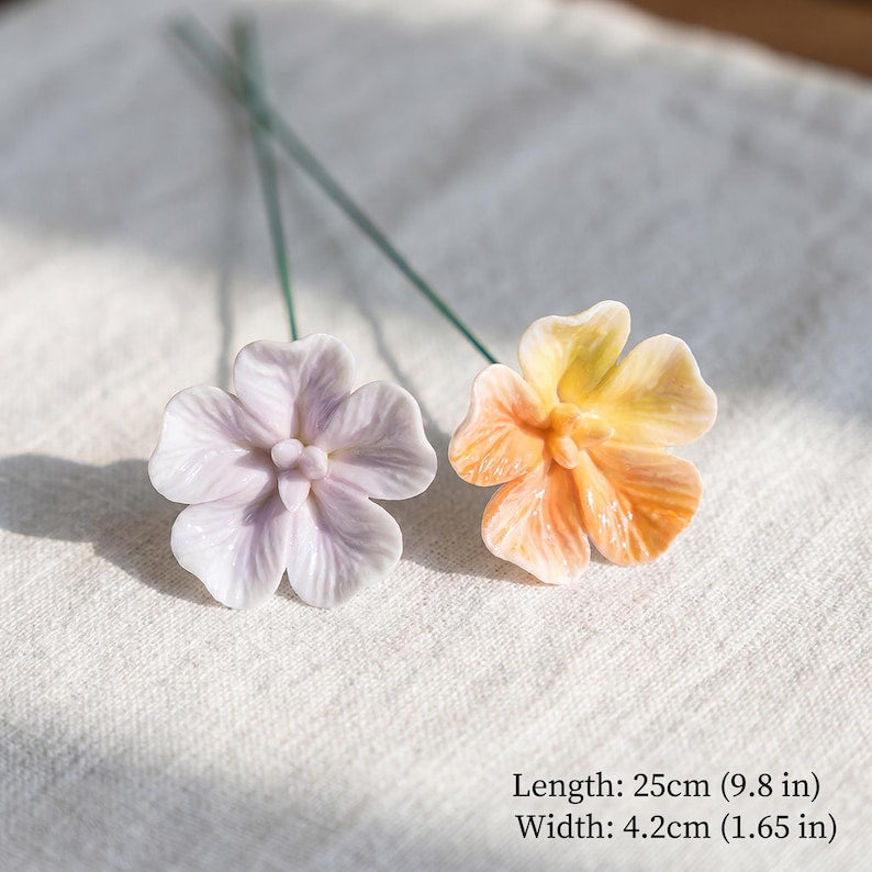 Tige de fleur en céramique émaillée à la main, pensée à cinq pétales, décoration florale pour vase, 25 cm, plusieurs couleurs